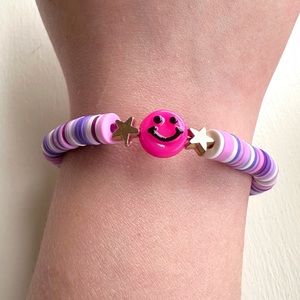 Handmade colorful clay bead bracelet gold tone stars pink smiley face stretch